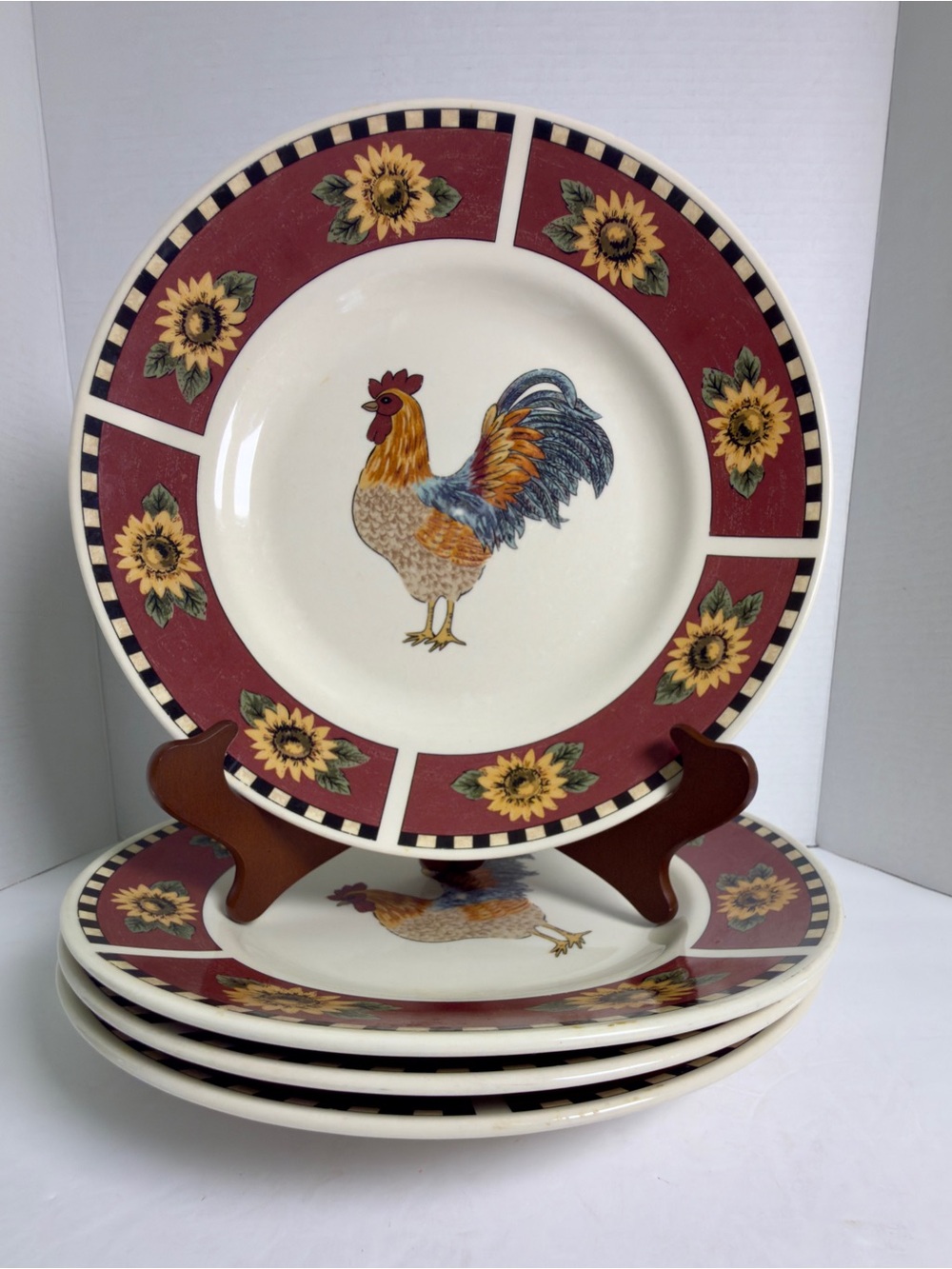 Vintage Gibson Brewster Rooster Sunflower Dinner Plates Set of 4 Farmhouse